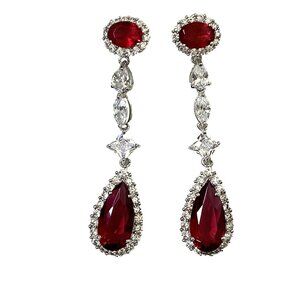 Art Deco Red CZ Halo Long Pear Solitaire Teardrop Dangle Chandelier Earrings